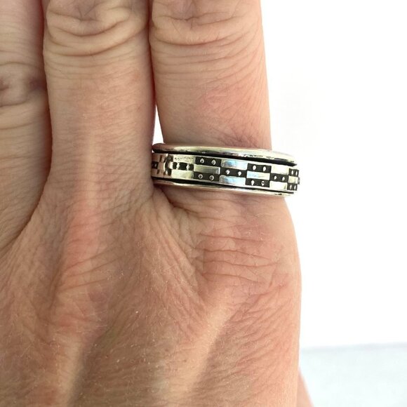 Solid Sterling Silver 925 Wide Geometric Pattern Unisex Spinner Band Ring Sz 12 - Picture 12 of 16